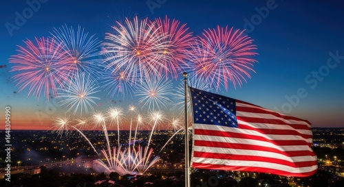 Wallpaper Mural A vibrant display of fireworks illuminates night sky behind a waving american flag, symbolizing celebration of independence day and national pride in united states Torontodigital.ca