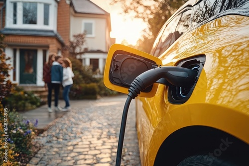 Yellow electric car charging on a cobblestone driveway in front of a house with two children blurred in the background during golden hour