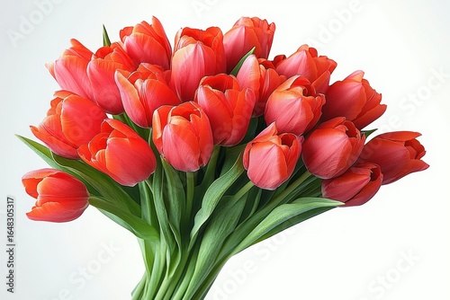 Bright bouquet of vibrant red tulips with fresh green leaves against a clean white background, conveying freshness and natural beauty