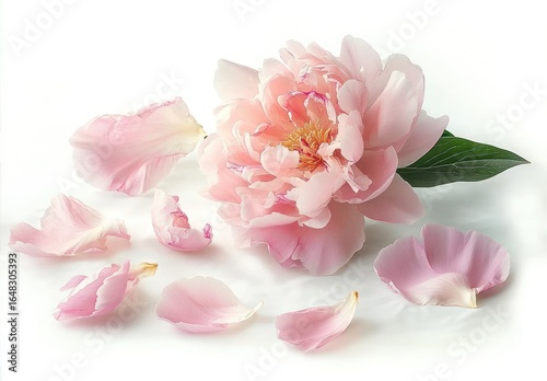 Delicate pink peony flower with soft petals scattered on a white surface evoking a gentle and serene mood