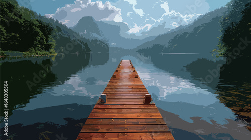 A long wooden dock extends out into the middle of a vast lake, surrounded by water on all sides. The dock is weathered and aged, showcasing signs of wear and tear. The calm waters of the lake reflect 