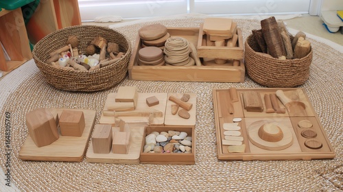 Wooden Montessori Toys and Loose Parts Play Set Arranged on Jute Rug