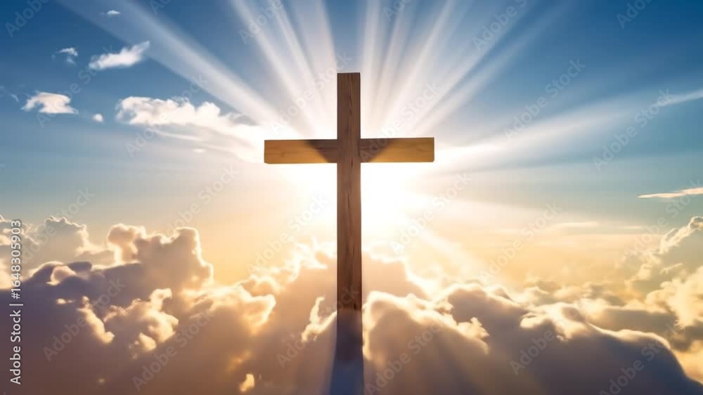 Wooden cross silhouetted against radiant sunlight in the heavenly clouds. Wooden cross silhouetted against radiant sunlight in the heavenly clouds.