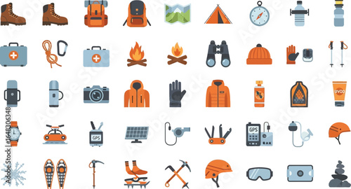 Illustration of hiking and camping equipment arranged on white background