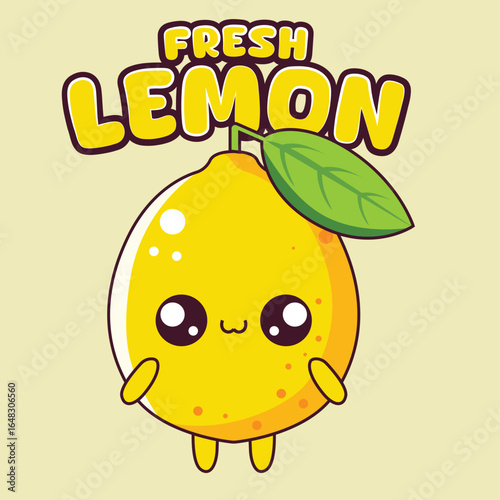 Fresh Lemon Cartoon Character Cute Yellow Fruit Mascot with Leaf for Summer Drink and Food Design