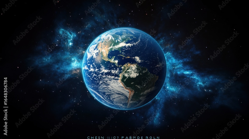 Obraz premium Bright detailed view of Earth from space showing North and South America against a backdrop of stars and glowing cosmic clouds, evoking a sense of wonder and vastness
