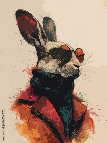 A painting of a rabbit wearing sunglasses that adds a touch of whimsy and playfulness to any space.