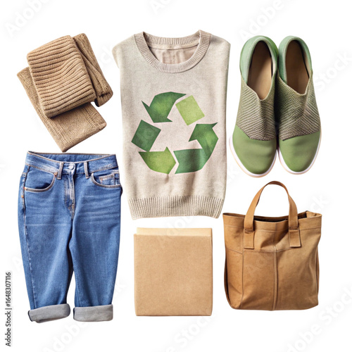 Sustainable and Recycled Fashion Items Arranged on a Black Background