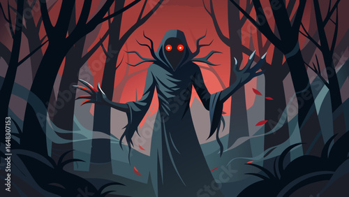 A terrifying shadowy figure with glowing red eyes and sharp claws emerges from a dark, misty forest under a blood-red sky, creating a scene of intense horror.