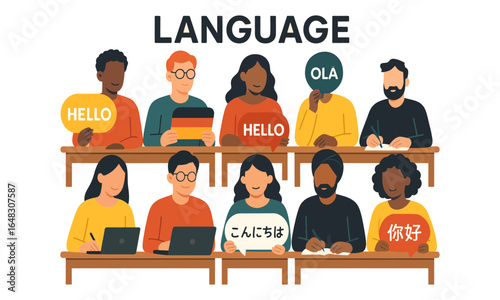 Multicultural Diverse students group learning language in classroom
