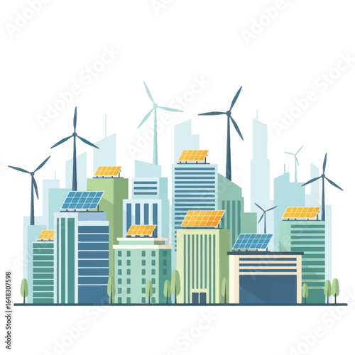 Illustration of a modern city skyline with solar panels and wind turbines promoting sustainable energy