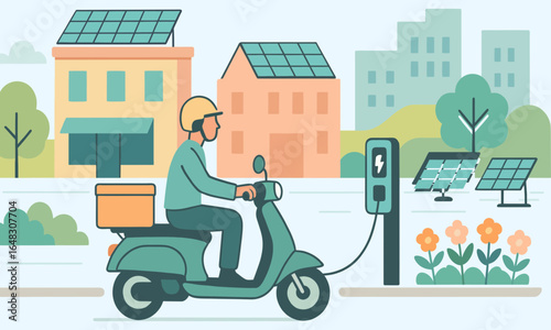 Electric scooter rider charging at solar powered station