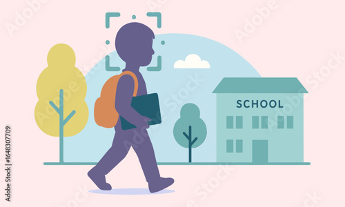 Child student walking schoolyard with backpack