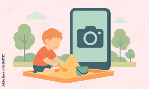 Child playing with sand on a sandbox outdoors