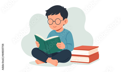 Child reading book with stack of books nearby