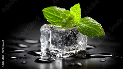 Fresh mint leaf atop a clear ice cube.