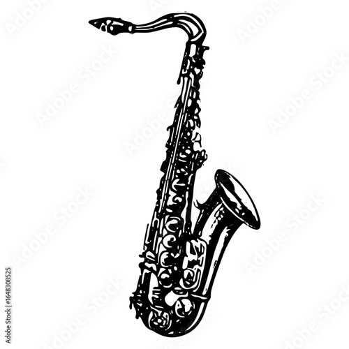 Vintage saxophone engraving, brass wind instrument illustration in detailed black and white vector