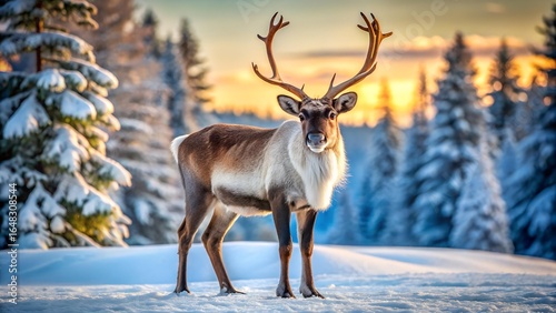 A reindeer with large antlers stands in the snow in front of a bright sunset and snowy
