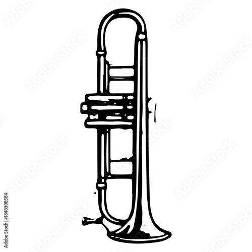 Antique trombone engraving, brass slide instrument illustration in detailed black and white