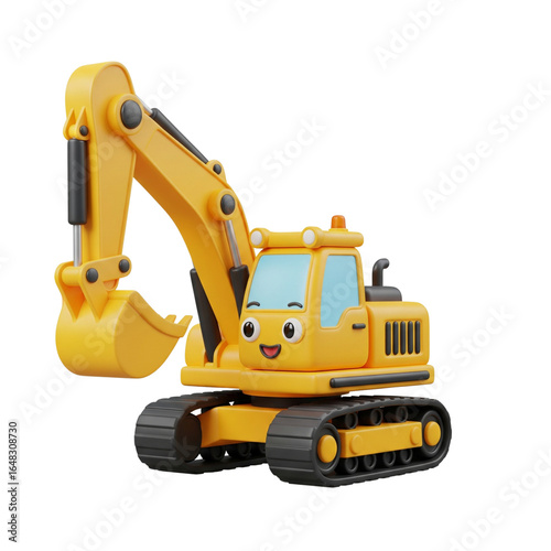 3D cartoon character image of a yellow excavator, isolated in transparent white