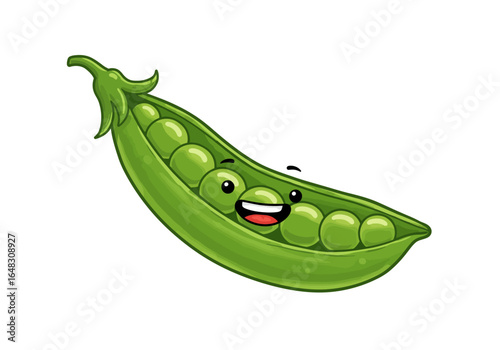 Cartoon Green Pea Pod with Smiling Face and Visible Peas