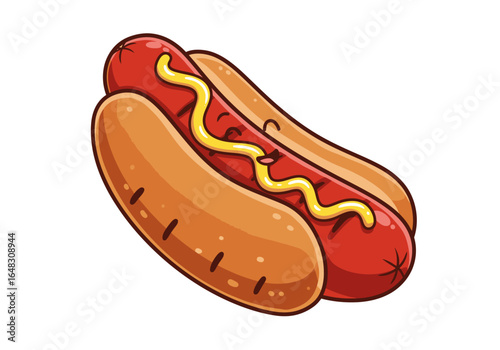 Cartoon Hot Dog with Mustard Topping and Smiling Face