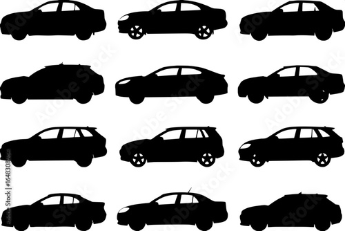 “Collection of twelve modern car silhouettes, each uniquely designed with visible grille, wheel, and body shape details, black flat graphic style, arranged in neat grid format on a white background, n