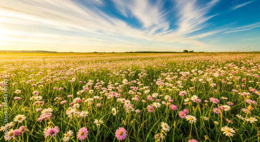 Obraz premium Estonian Meadow with White and Pink Spring Daisies under Sunny Sky – Early Summer Nature Landscape
