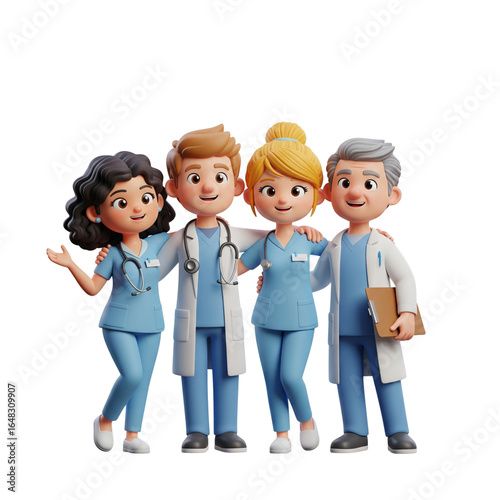 3D cartoon image of several health workers such as doctors and nurses, isolated in transparent white