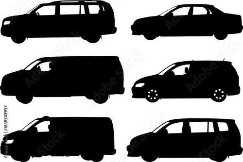 “Modern automotive silhouettes in a clean, graphic black-and-white style, showing SUVs, coupes, sedans, and vans, displayed in evenly spaced grid formation, flat design without shading, focusing on sh