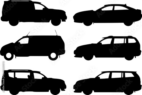 “Modern automotive silhouettes in a clean, graphic black-and-white style, showing SUVs, coupes, sedans, and vans, displayed in evenly spaced grid formation, flat design without shading, focusing on sh