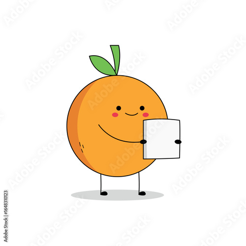 Cute Orange fruit cartoon character reading a paper letter file doodle