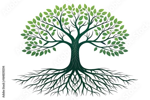 Stylized tree of life with prominent roots and green foliage