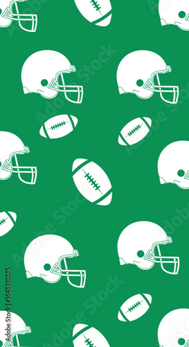 White american football helmets and balls on a vibrant green background sports pattern