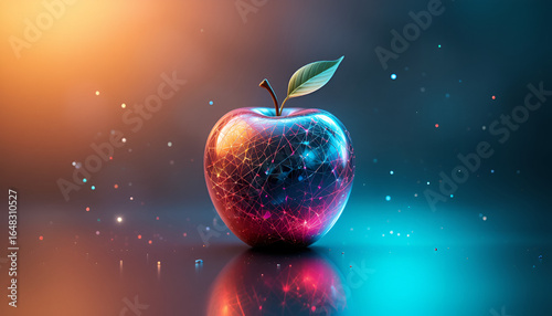 Vibrant tech apple with glowing network lines, symbolizing innovation and digital connection
