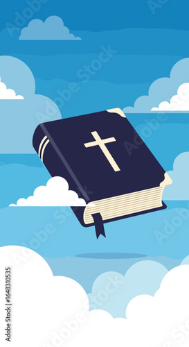 The holy bible a divine revelation floating gracefully among the clouds in a sky of serenity and hope