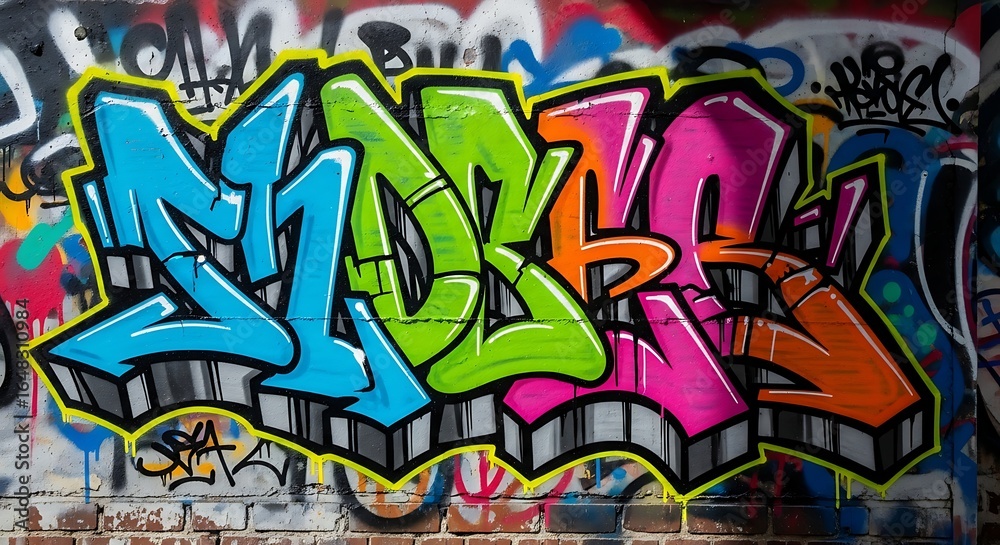 Naklejka premium Colorful Graffiti Artwork on Brick Wall Captures Urban Art and Creative Expression