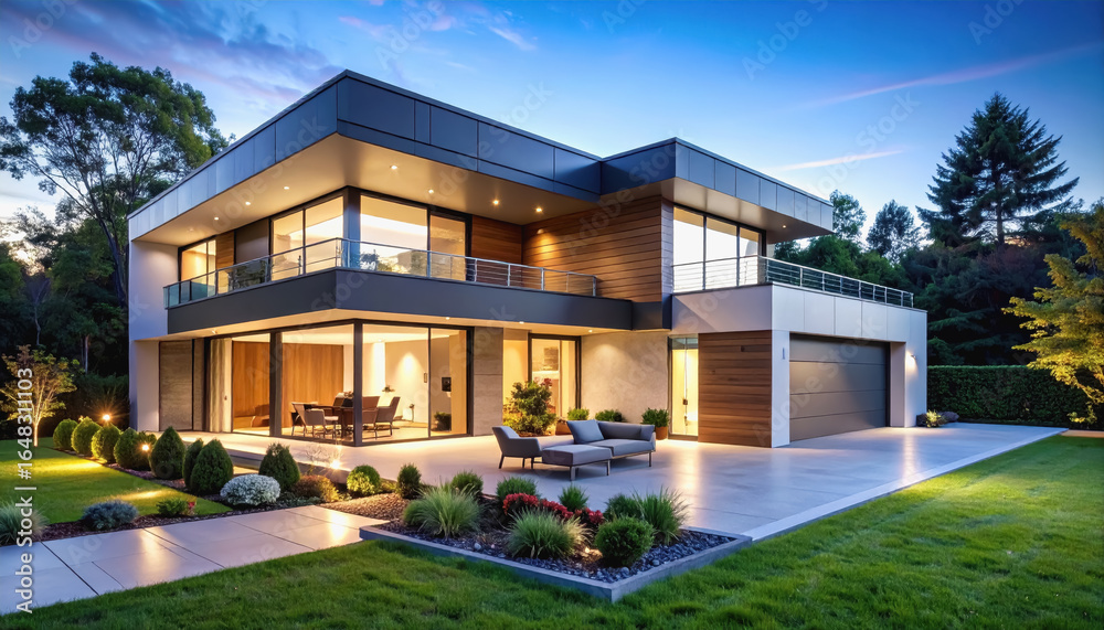 Fototapeta premium Sleek modern house design with clean lines and open space surrounded by lush greenery and natural light