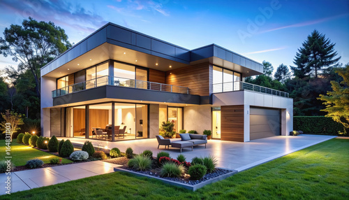 Sleek modern house design with clean lines and open space surrounded by lush greenery and natural light