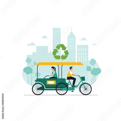 Eco-friendly bicycle rickshaw transporting passengers through a modern city with green initiatives