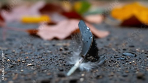 Macro shot of a wet black feather on a textured surface with fallen leaves