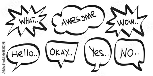 Doodle set of speech bubbles with words Awesome, hello, no, yes, what, good luck. isolated on white background