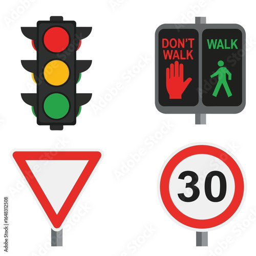 Flat design illustrations of traffic signals and pedestrian signs.