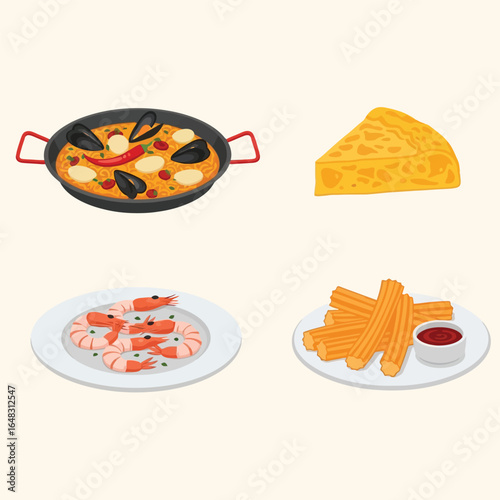 Spanish cuisine dishes, including paella, seafood, and churros.