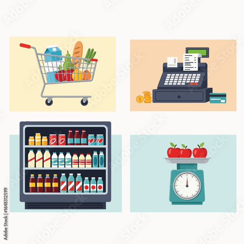 Supermarket scene with shopping cart, cash register, refrigerator, and produce scale.