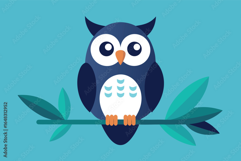 Obraz premium Charming cartoon owl perched on a branch with leaves, friendly and educational design for children's content.