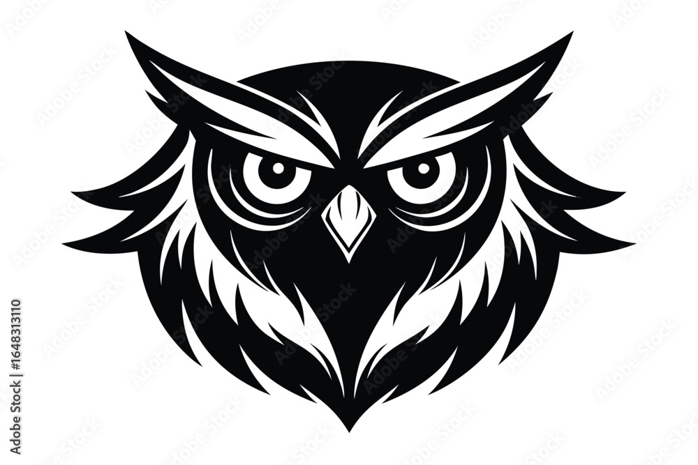 Obraz premium Striking Black and White Owl Head Illustration with Detailed Feathering