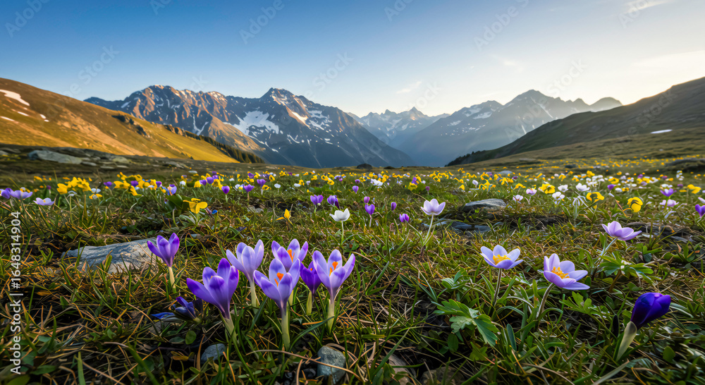 Obraz premium Mixed Spring Flowers Blooming in Alpine Meadow with Snowy Mountains