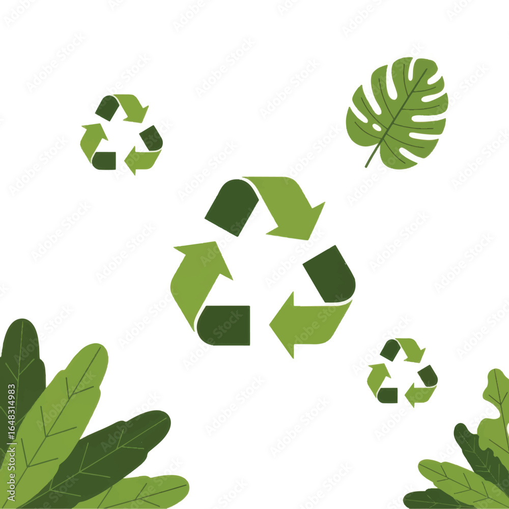 Obraz premium Green recycling symbols surrounded by leaves and tropical foliage on a white background