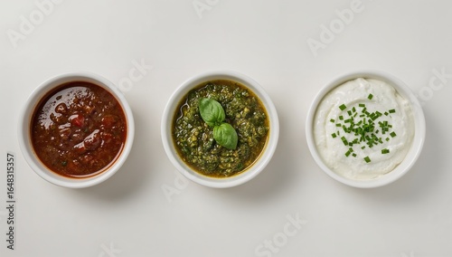 Three bowls of tomato salsa pesto and chive dip on white background